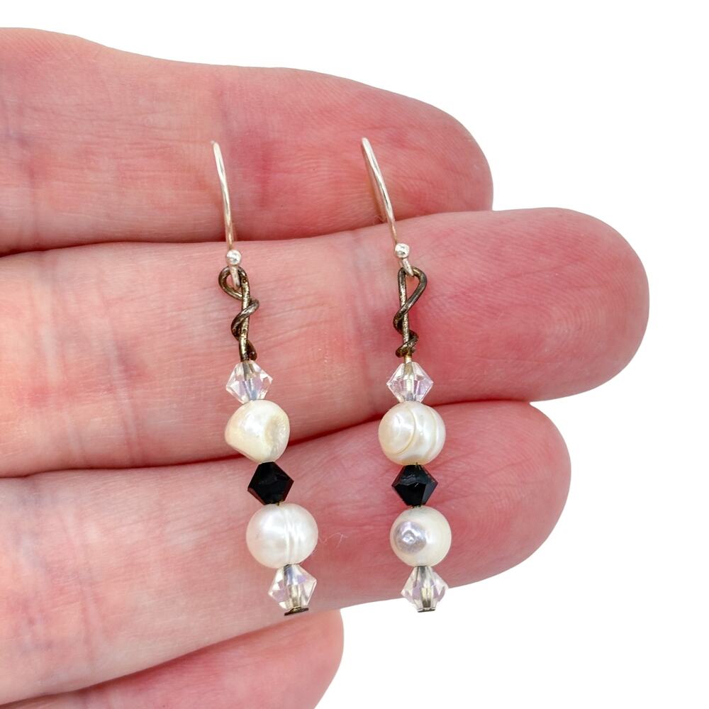 Vintage Silver-Tone White Pearl Crystal Dangle Earrings